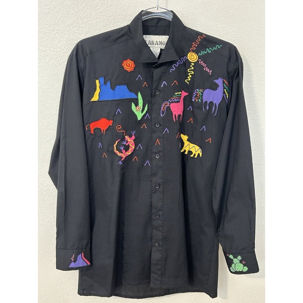 1980s Tarango Appliqué Black Shirt Southwestern Cactus Animals Button Up Sz M